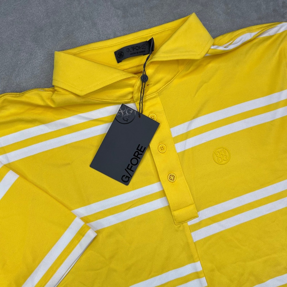 G/FORE Offset Polo Shirt Mens Large‎ Yellow Striped Performance Stretch Golf New